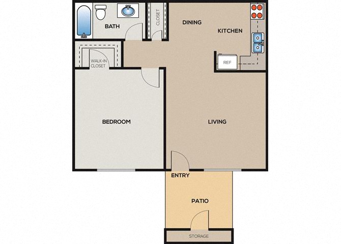 Floor plan for 1 bed, 1 bath, 587 sqft
